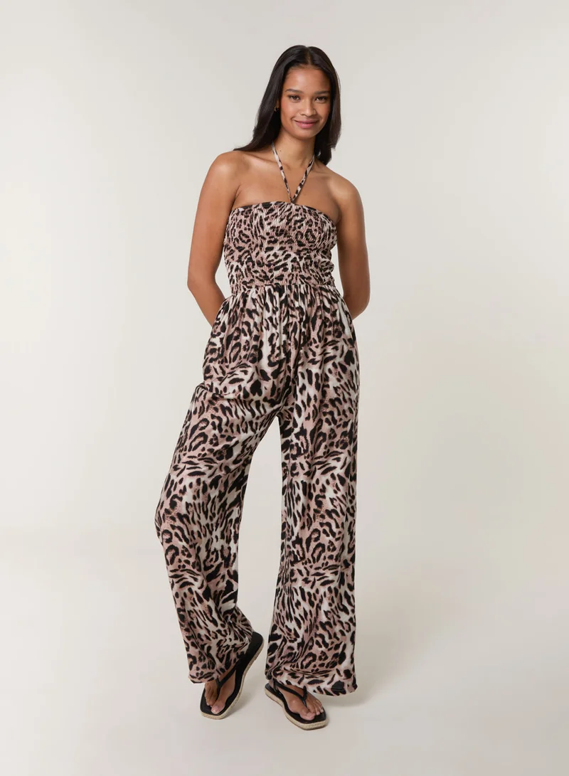 Blue Vanilla Leopard Print Shirred Waist Jumpsuit